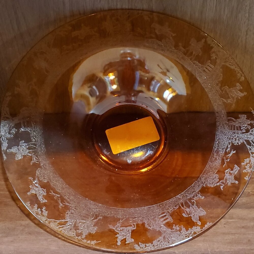 Imperial Hunt Scene Amber Bowl 12.5" Cambridge Glass Vintage 1927 - 1929  #718